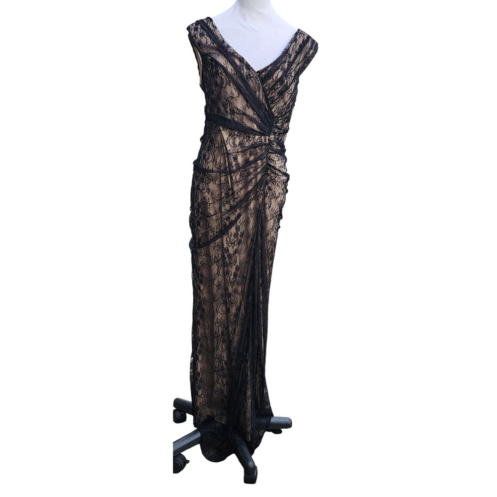 Wyton Black Lace Ruched V Neck Sleeveless Maxi Dress Size L Evening Gown